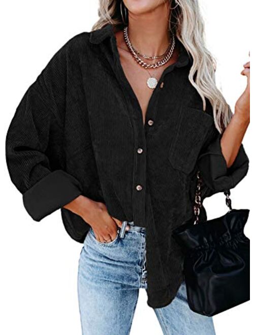 Dokotoo Womens Corduroy Button Down Shirts Boyfriend Long Sleeve Oversized Blouses Tops