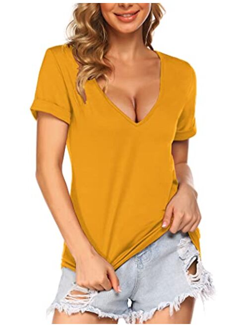 GEESENSS Womens Deep V Neck T Shirts Short Sleeve Summer Casual Loose Tee Tops