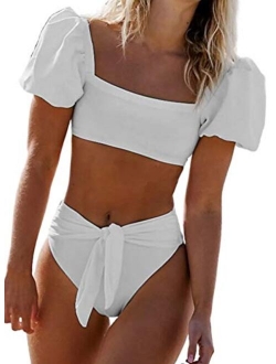 Womens Cute Solid Bubble Sleeves High Waisted Two Piece Bikini Swimsuit