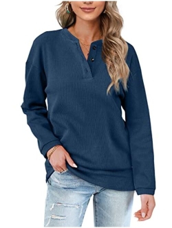 OFEEFAN Womens Casual Sweatshirts Henley Button Up Long Sleeve Tunic Tops