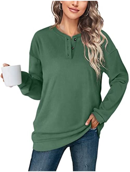 OFEEFAN Womens Casual Sweatshirts Henley Button Up Long Sleeve Tunic Tops