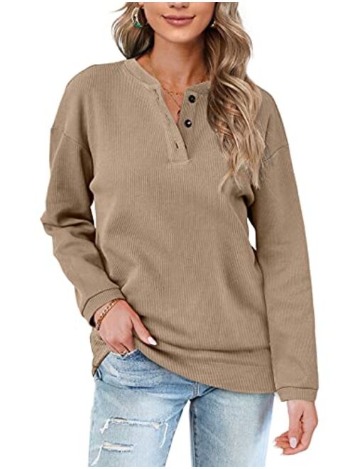 OFEEFAN Womens Casual Sweatshirts Henley Button Up Long Sleeve Tunic Tops