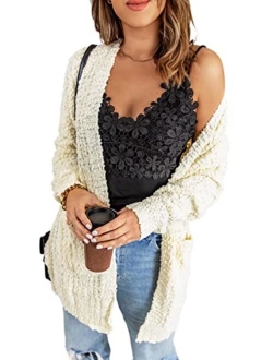 Womens Soft Oversized Open Front Popcorn Sweater Cardigans Outerwear with Pockets