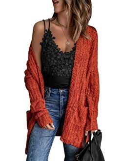 Womens Soft Oversized Open Front Popcorn Sweater Cardigans Outerwear with Pockets