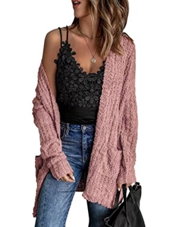 Womens Soft Oversized Open Front Popcorn Sweater Cardigans Outerwear with Pockets