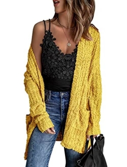 Womens Soft Oversized Open Front Popcorn Sweater Cardigans Outerwear with Pockets