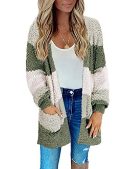 Womens Soft Oversized Open Front Popcorn Sweater Cardigans Outerwear with Pockets