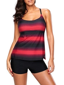 Womens Criss Cross Back Color Block Print Tankini Top with Boyshorts Swimsuit (S-XXXL)