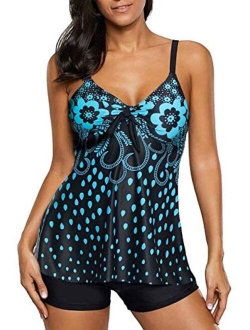 Womens Criss Cross Back Color Block Print Tankini Top with Boyshorts Swimsuit (S-XXXL)