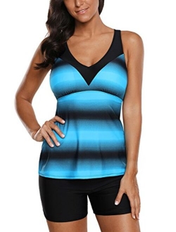 Womens Criss Cross Back Color Block Print Tankini Top with Boyshorts Swimsuit (S-XXXL)