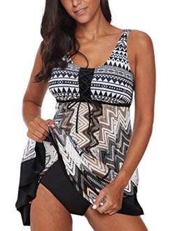 Womens Criss Cross Back Color Block Print Tankini Top with Boyshorts Swimsuit (S-XXXL)