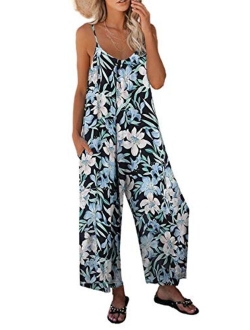 Women's Loose Sleeveless Jumpsuits Adjustable Spaghetti Strap Stretchy Long Pant Romper Jumpsuit with Pockets