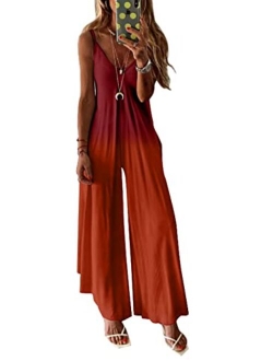 Women's Loose Sleeveless Jumpsuits Adjustable Spaghetti Strap Stretchy Long Pant Romper Jumpsuit with Pockets