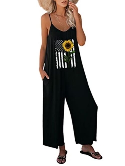 Women's Loose Sleeveless Jumpsuits Adjustable Spaghetti Strap Stretchy Long Pant Romper Jumpsuit with Pockets