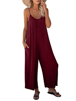 Women's Loose Sleeveless Jumpsuits Adjustable Spaghetti Strap Stretchy Long Pant Romper Jumpsuit with Pockets