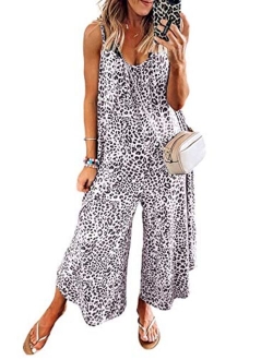 Women's Loose Sleeveless Jumpsuits Adjustable Spaghetti Strap Stretchy Long Pant Romper Jumpsuit with Pockets