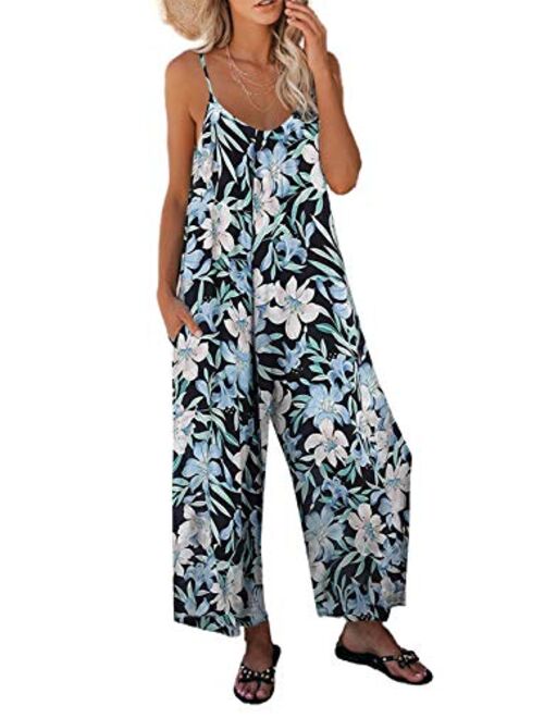 Dokotoo Women's Loose Sleeveless Jumpsuits Adjustable Spaghetti Strap Stretchy Long Pant Romper Jumpsuit with Pockets