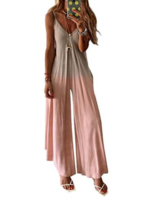 Dokotoo Women's Loose Sleeveless Jumpsuits Adjustable Spaghetti Strap Stretchy Long Pant Romper Jumpsuit with Pockets