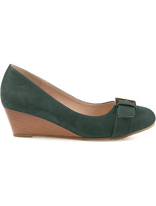 Brinley Co. Womens Gael Faux Suede Buckle Detail Comfort-Sole Wedges