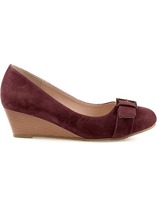 Brinley Co. Womens Gael Faux Suede Buckle Detail Comfort-Sole Wedges