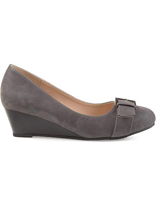 Brinley Co. Womens Gael Faux Suede Buckle Detail Comfort-Sole Wedges