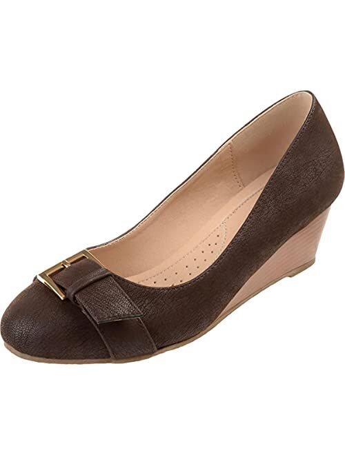 Brinley Co. Womens Gael Faux Suede Buckle Detail Comfort-Sole Wedges