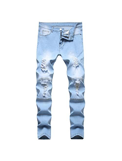 LONGBIDA Mens Skinny Holes Ripped Straight Hip Hop Biker Stretchy Jeans