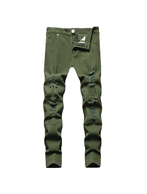 LONGBIDA Mens Skinny Holes Ripped Straight Hip Hop Biker Stretchy Jeans