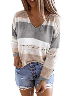 Womens Cute Summer Color Block Striped Lightweight Comfy Cable Knit Beach Pullover Sweaters