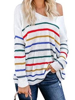 Womens Cute Summer Color Block Striped Lightweight Comfy Cable Knit Beach Pullover Sweaters