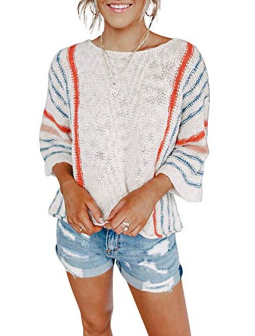 Dokotoo Womens Cute Summer Color Block Striped Lightweight Comfy Cable Knit Beach Pullover Sweaters