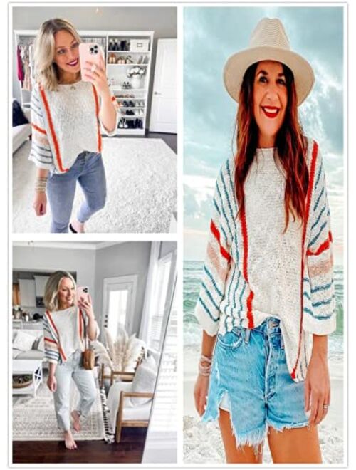 Dokotoo Womens Cute Summer Color Block Striped Lightweight Comfy Cable Knit Beach Pullover Sweaters