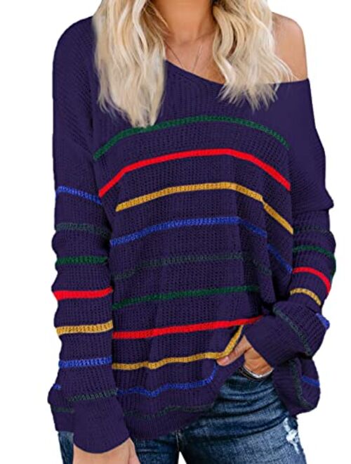 Dokotoo Womens Cute Summer Color Block Striped Lightweight Comfy Cable Knit Beach Pullover Sweaters