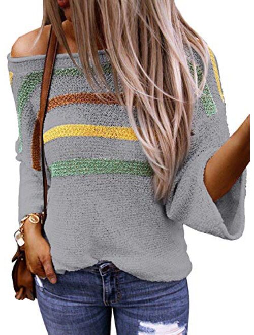 Dokotoo Womens Cute Summer Color Block Striped Lightweight Comfy Cable Knit Beach Pullover Sweaters