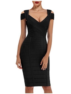 whoinshop Women's Rayon Sexy V Neck Bodycon Clubwear Party Bandage Dress