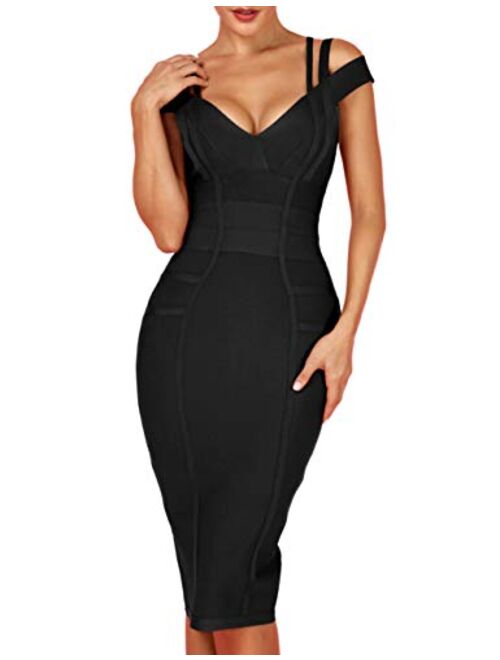 whoinshop Women's Rayon Sexy V Neck Bodycon Clubwear Party Bandage Dress