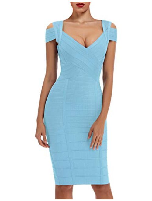 whoinshop Women's Rayon Sexy V Neck Bodycon Clubwear Party Bandage Dress