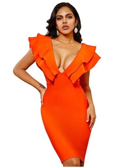 whoinshop Women's Bandage Club V Neck Ruffle Bodycon Cocktial Party Dress