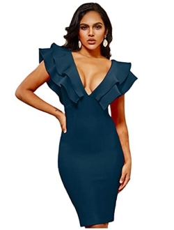 whoinshop Women's Bandage Club V Neck Ruffle Bodycon Cocktial Party Dress