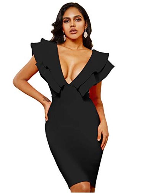 whoinshop Women's Bandage Club V Neck Ruffle Bodycon Cocktial Party Dress