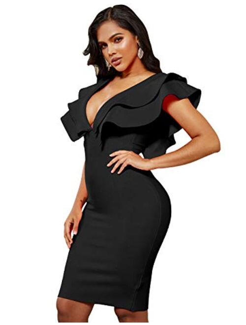 whoinshop Women's Bandage Club V Neck Ruffle Bodycon Cocktial Party Dress