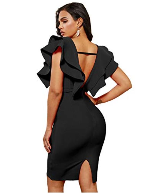 whoinshop Women's Bandage Club V Neck Ruffle Bodycon Cocktial Party Dress