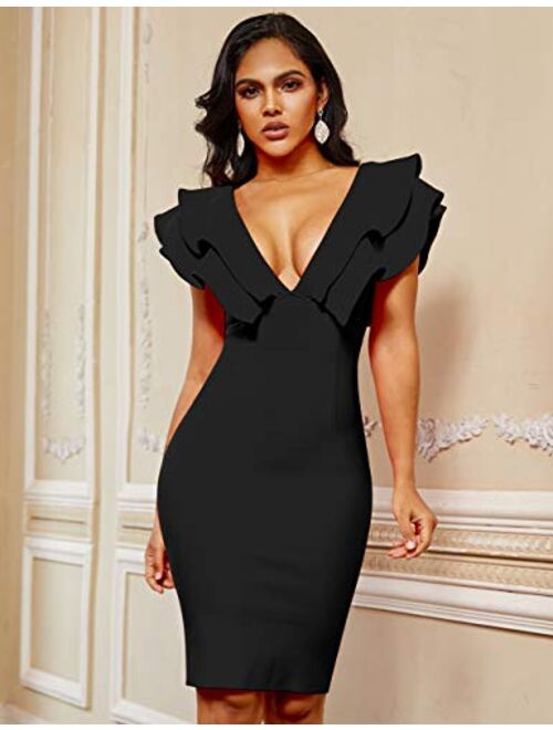 whoinshop Women's Bandage Club V Neck Ruffle Bodycon Cocktial Party Dress