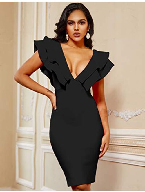 whoinshop Women's Bandage Club V Neck Ruffle Bodycon Cocktial Party Dress