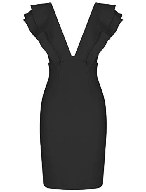 whoinshop Women's Bandage Club V Neck Ruffle Bodycon Cocktial Party Dress