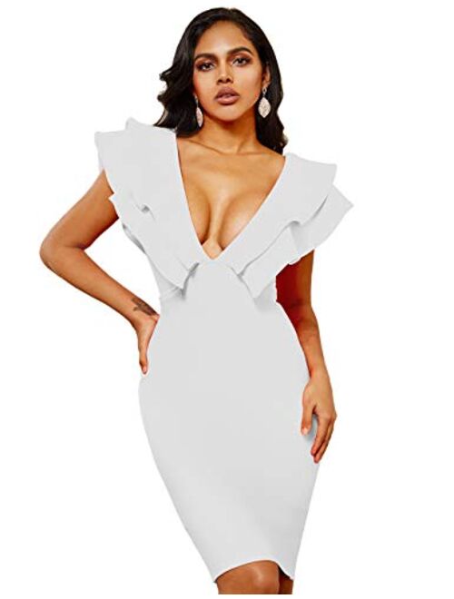 whoinshop Women's Bandage Club V Neck Ruffle Bodycon Cocktial Party Dress