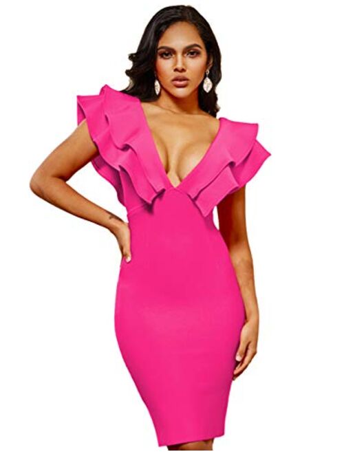 whoinshop Women's Bandage Club V Neck Ruffle Bodycon Cocktial Party Dress