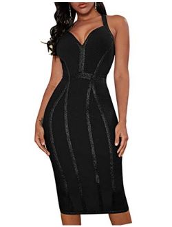 whoinshop Women's Bandage Halter V Neck Midi Cocktial Bodycon Club Party Dress