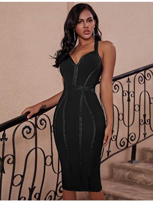 whoinshop Women's Bandage Halter V Neck Midi Cocktial Bodycon Club Party Dress