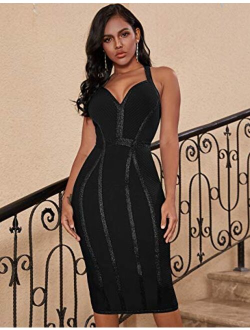 whoinshop Women's Bandage Halter V Neck Midi Cocktial Bodycon Club Party Dress